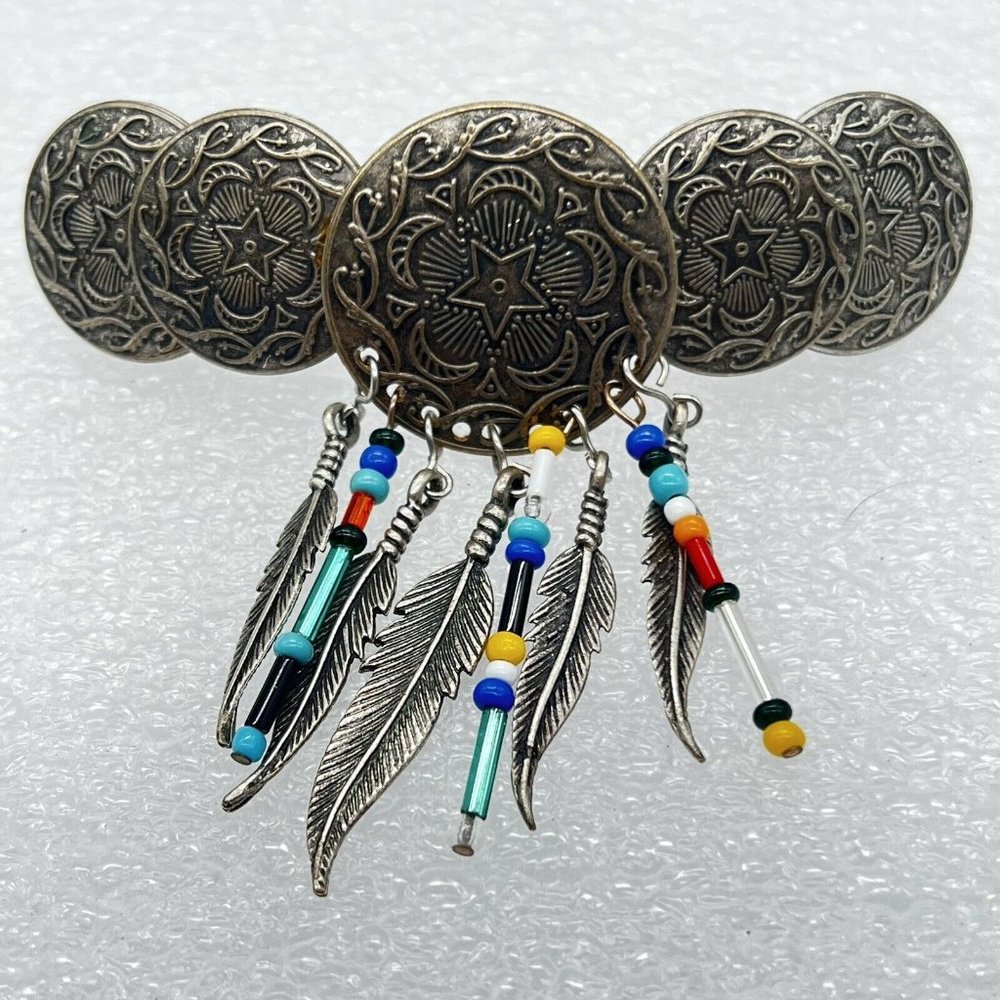 France Hair Accessory Silvertone Dangle Clip Barrette Feathers Boho Style